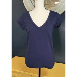 Banana Republic T Shirt Top Women's Large Navy Blue Stretch Short Sleeve V Neck